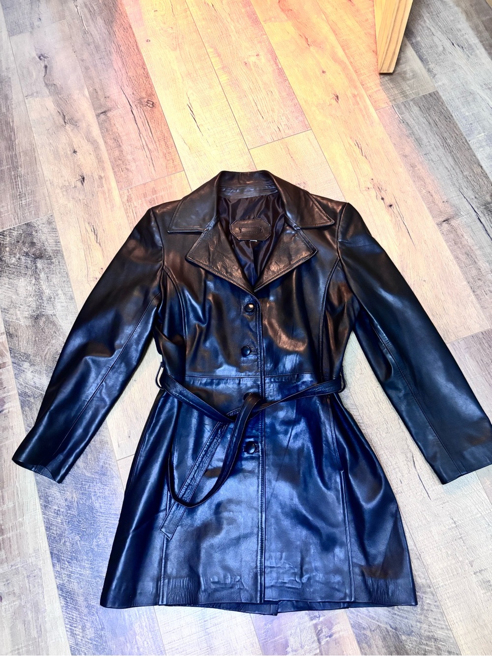 Classic Black Leather Trench Coat with Belt - Women's Jacket sz M/L